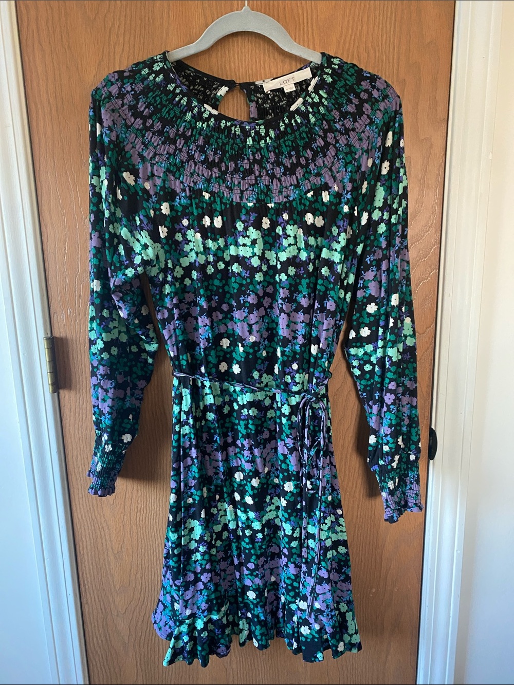 LOFT Green, Purple & White Floral Long-Sleeve Shirred Waist Dress
